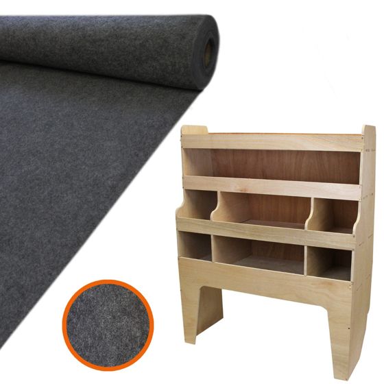 11 neliömetrin antrasiitinvärinen pakettiauton verhoilu, liima ja VW Transporter -teline