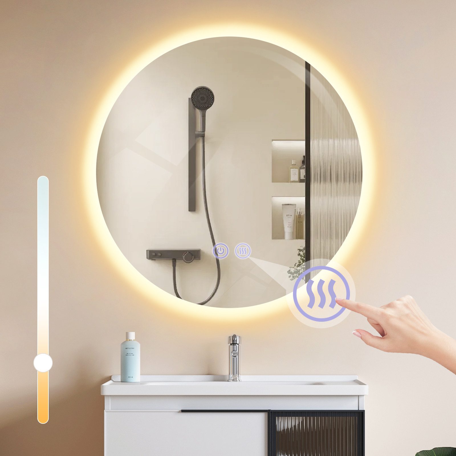 NETTLIFEKylpyhuoneen, peili Valaistuksella, Pyöreä, 50cm Kylpyhuoneen, peili, LED - seinäpeili Kosketustoiminnolla