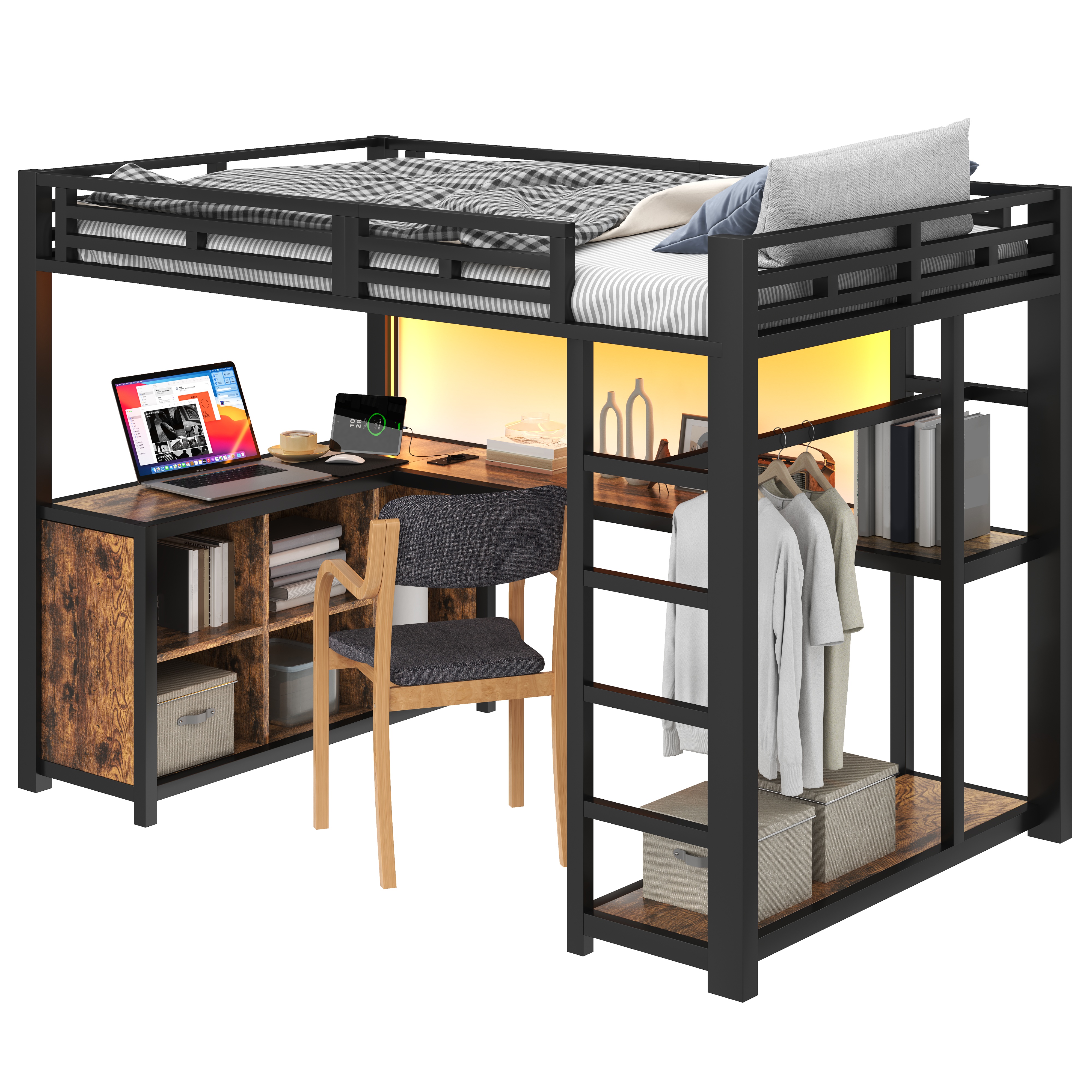 korkeasänky 140x200 cm integroidulla työalueella LED-valaistuksella USB-liitännöillä ja säilytystilalla musta metalli ja MDF