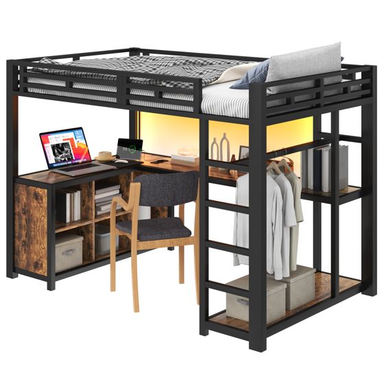 korkeasänky 140x200 cm integroidulla työalueella LED-valaistuksella USB-liitännöillä ja säilytystilalla musta metalli ja MDF
