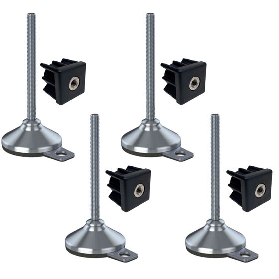 Ruostumaton jalka 16x150x80mm, tyyny ja kiinnitysreikä + insertit 40x40x2.0mm - 4 kpl:n sarja.
