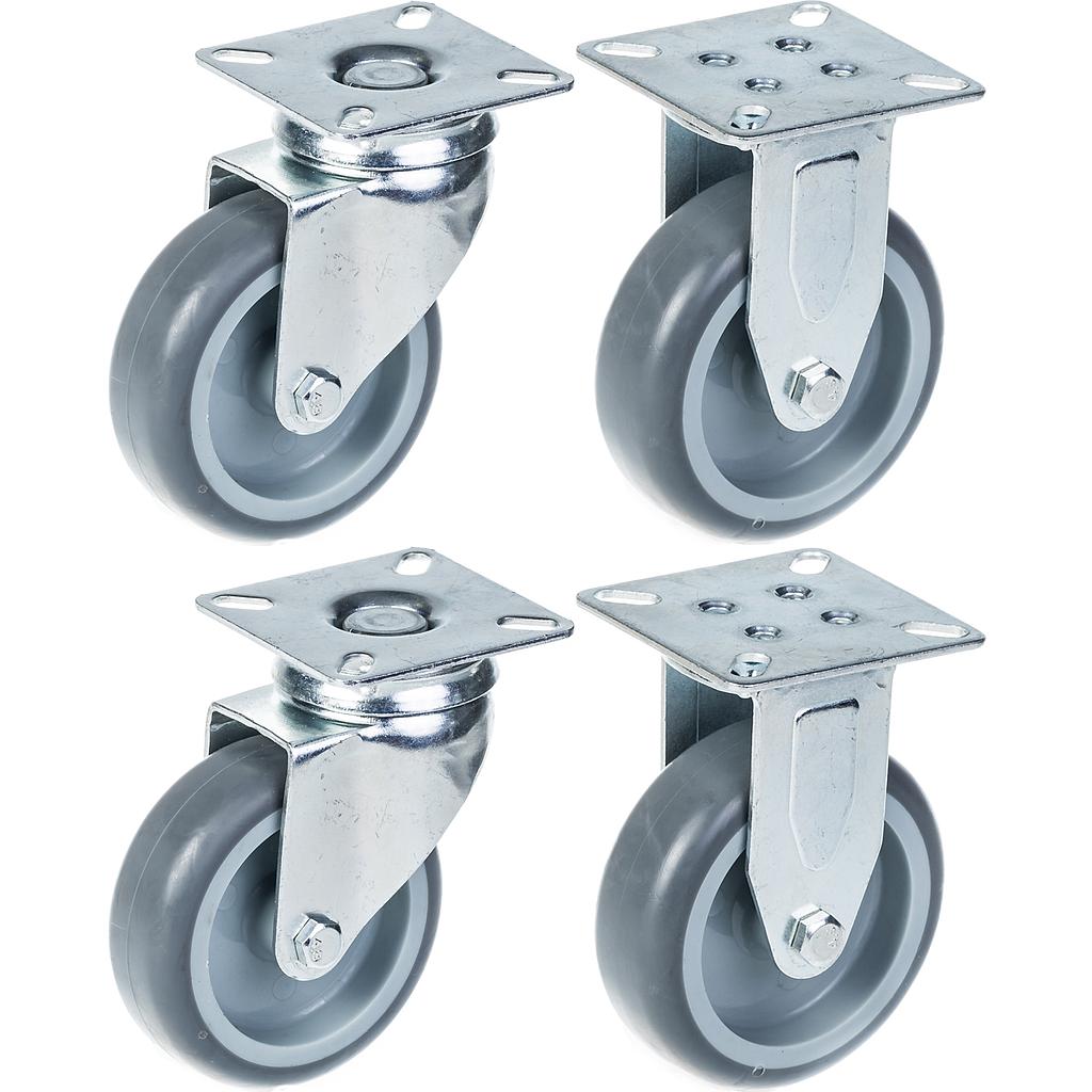 75 mm:n (3 tuuman) pyörä, harmaa kumirengas, kääntyvä ja kiinteä, kantavuus 240 kg, 4 kpl:n sarja