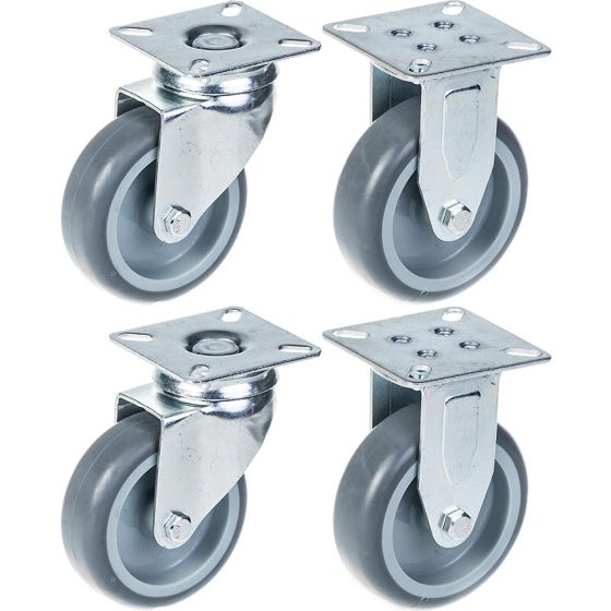 75 mm:n (3 tuuman) pyörä, harmaa kumirengas, kääntyvä ja kiinteä, kantavuus 240 kg, 4 kpl:n sarja