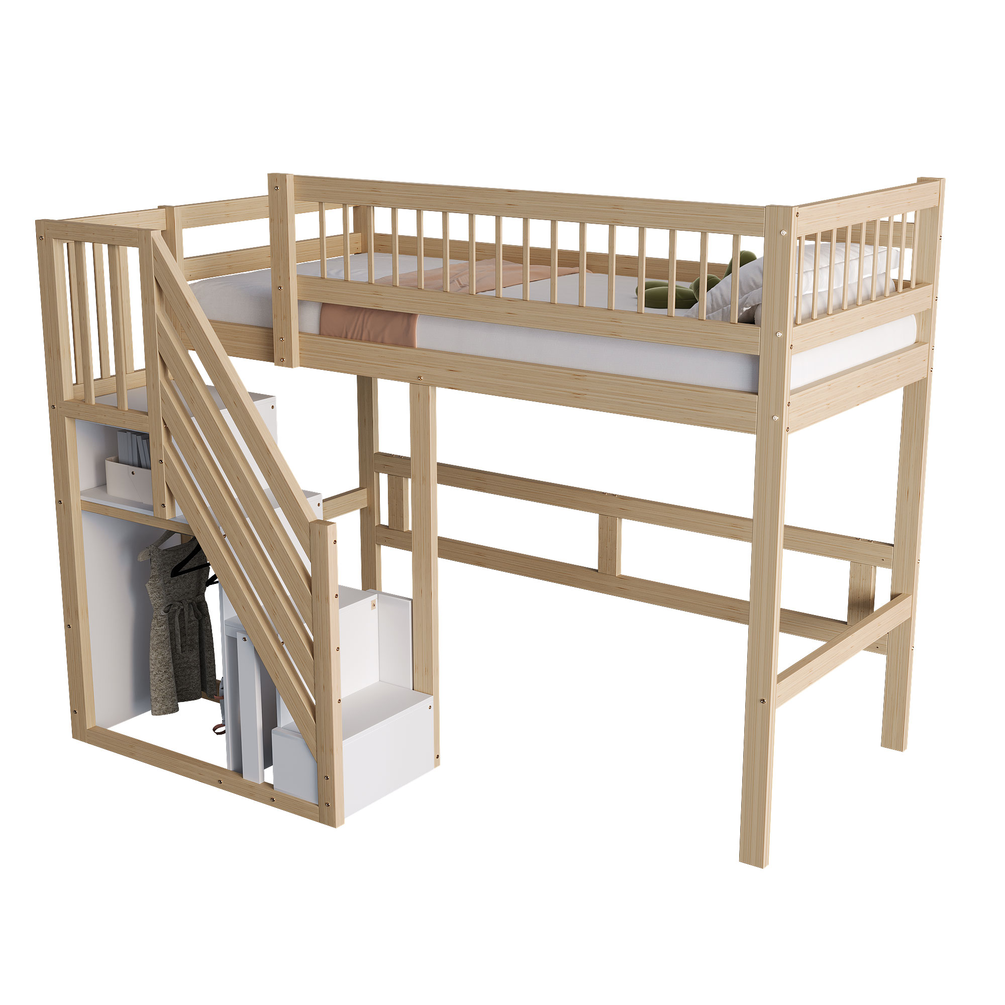 Massiivipuinen parvisänky, 90x200cm, säilytysportailla, lasten sänky, puusävy