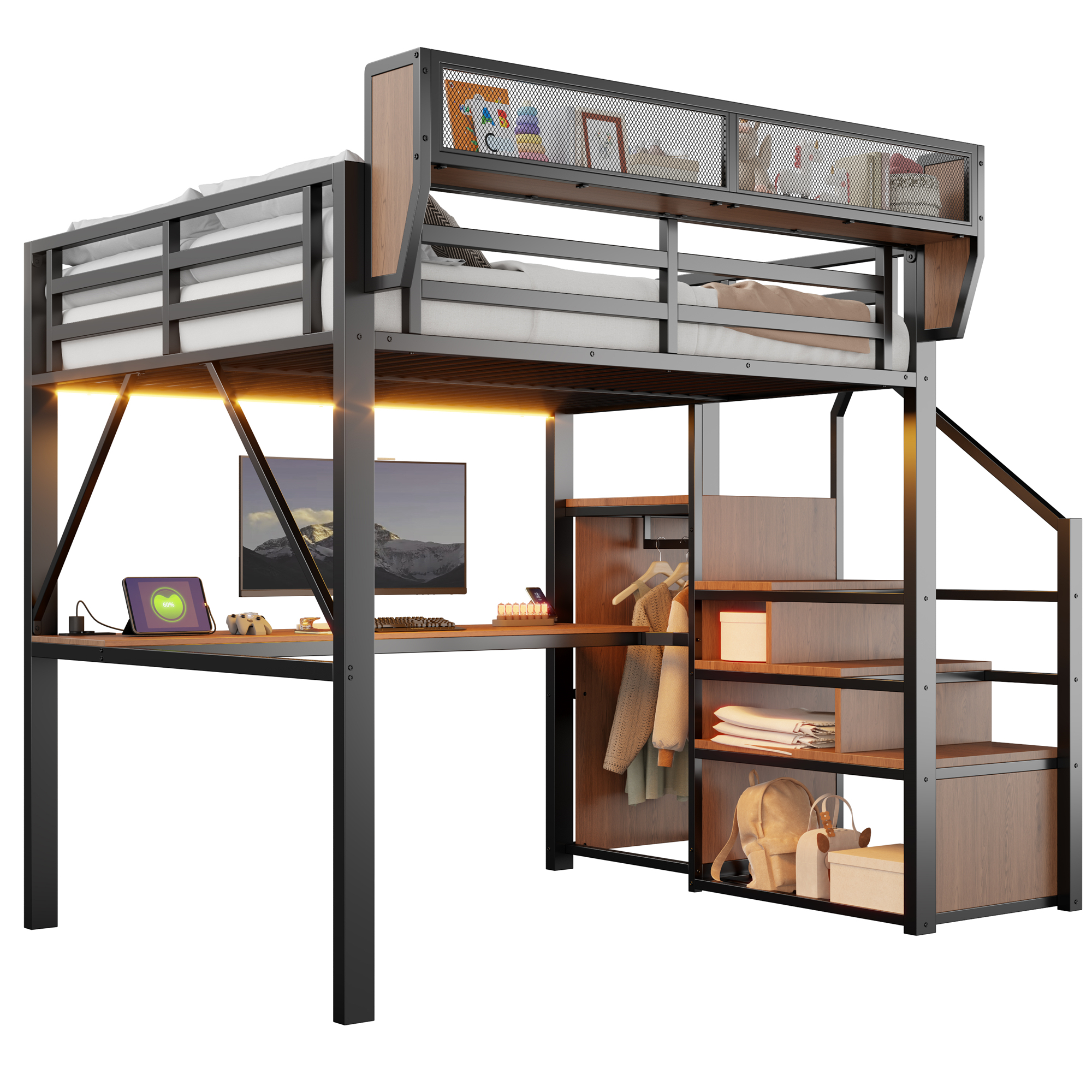 Hochbett 140x200 cm LED-valaistus säilytystila turva-aidat musta metallinen