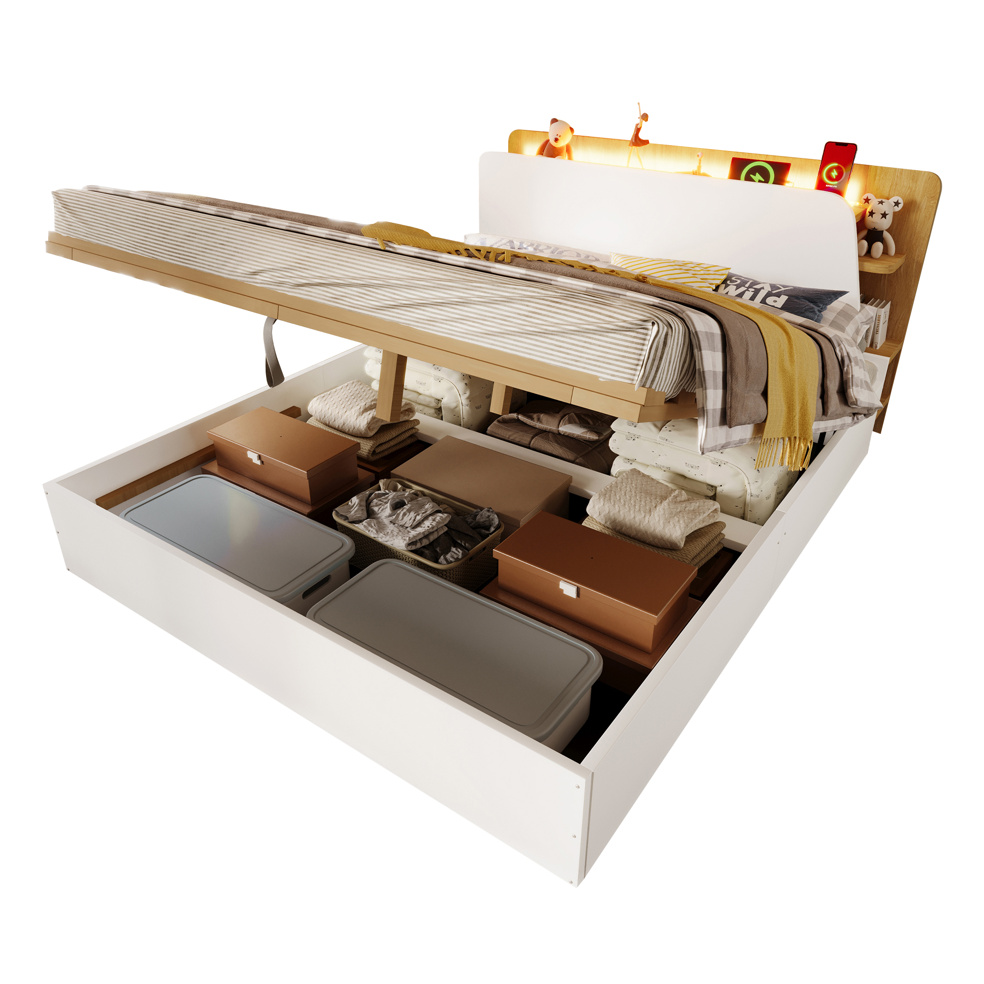 Paneelisänky 140x200 cm, kaksinkertainen, hydraulinen, USB-C, LED, säilytystila, valkoinen/luonnollinen, ei patjaa