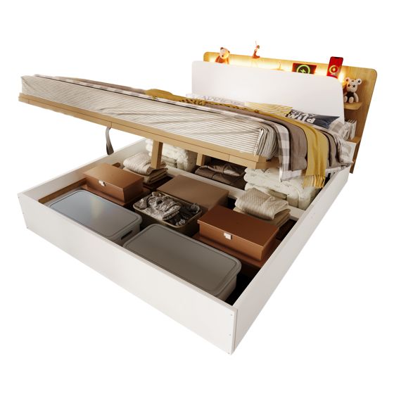 Paneelisänky 140x200 cm, kaksinkertainen, hydraulinen, USB-C, LED, säilytystila, valkoinen/luonnollinen, ei patjaa