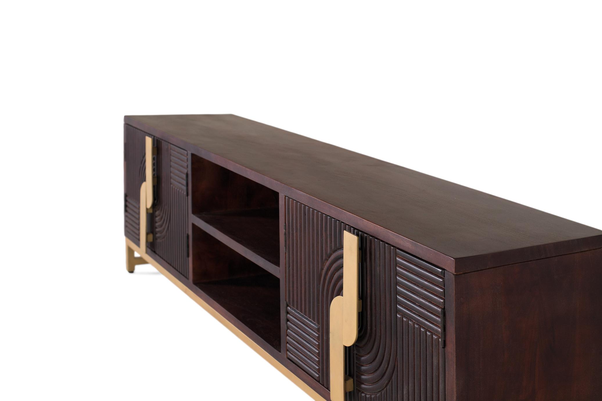 TV-taso mangopuusta, kullanvärinen metallijalusta