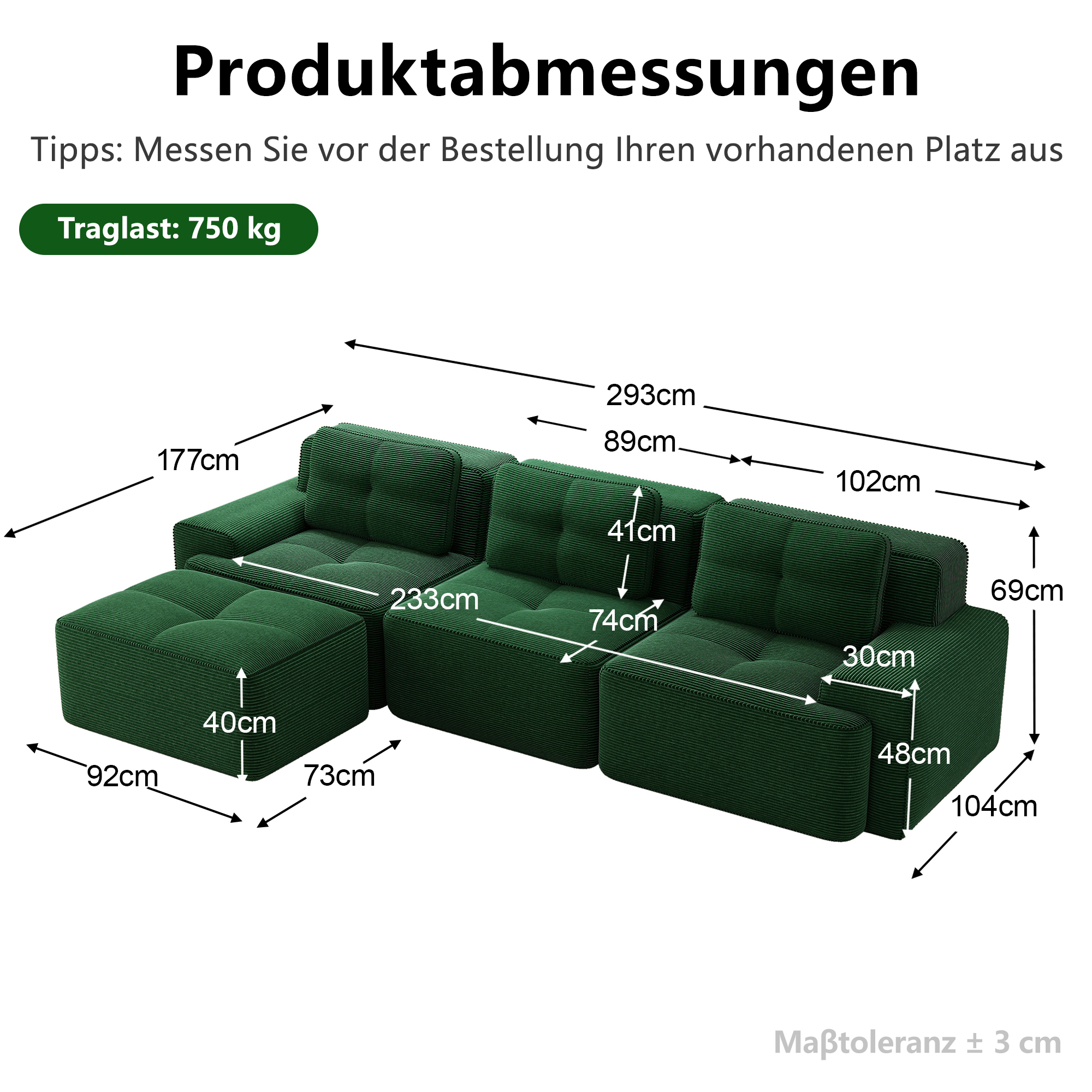 moduulisohva 3-paikkainen vihreä korduroy moderni säilytystilalla varustettu