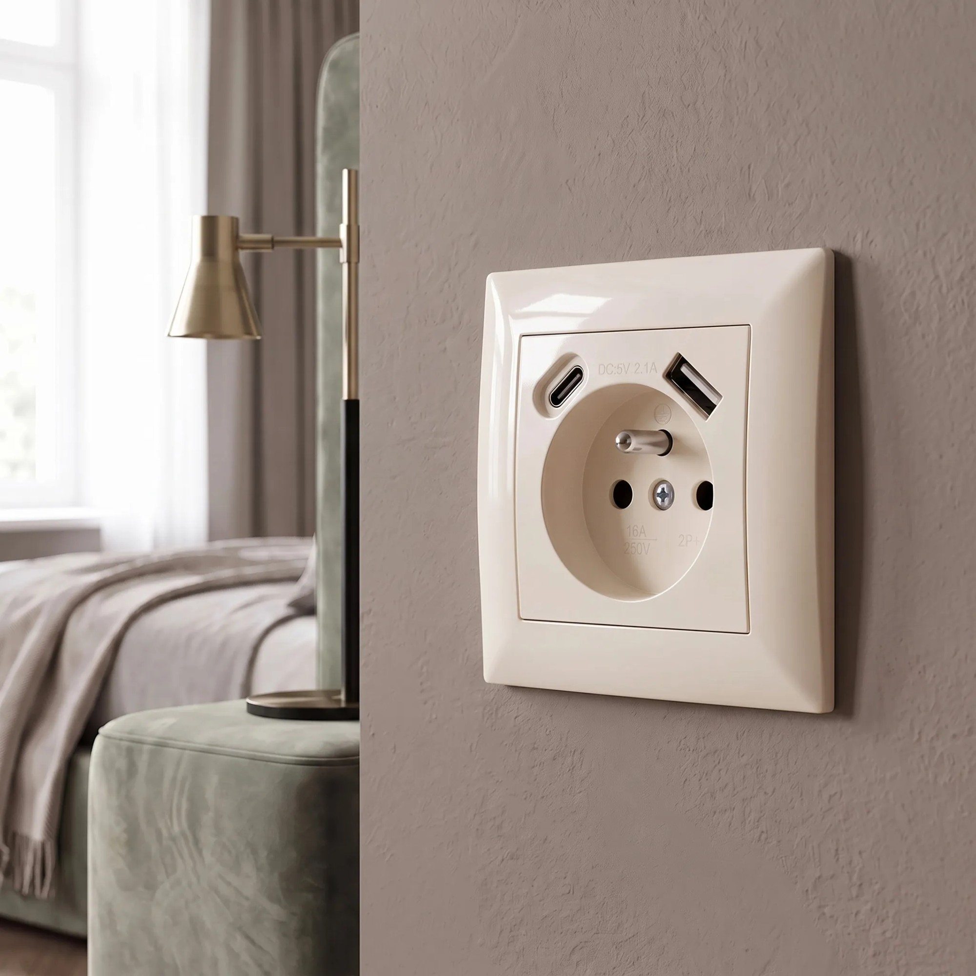 Toolight Yksiosainen maadoitettu pistorasia OSTE JNH004-G +USB-A, USB-C Beige 4, 8x7, 4x7, 4cm