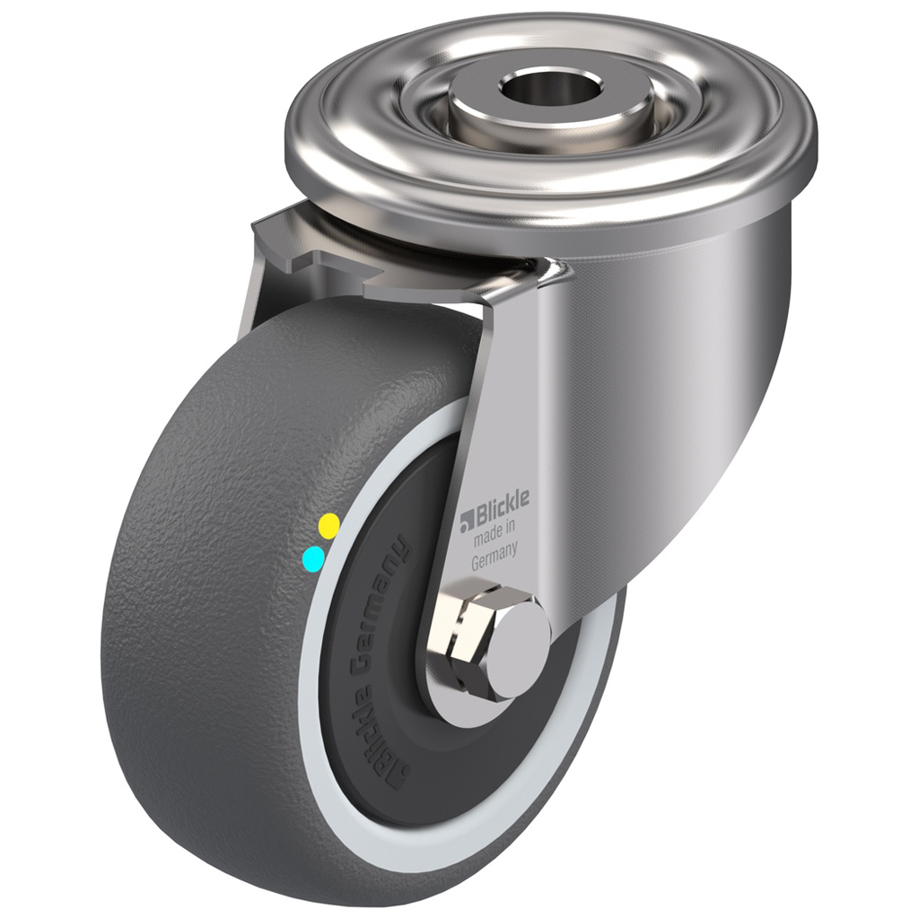 80 mm:n ruostumattomasta teräksestä valmistettu kääntyvä pyörä, jossa on harmaa sähköä johtava kestomuovi.