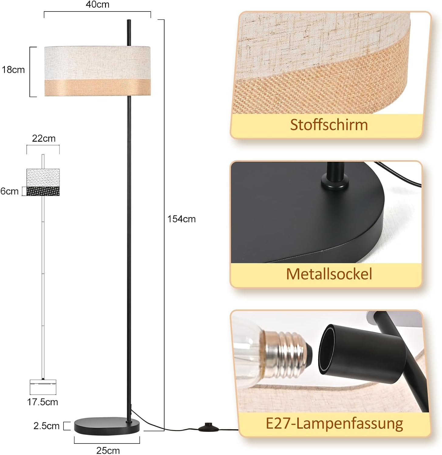 ZMH 154 cm lattiavalaisin retro E27 -kangasvarjostimella makuuhuoneeseen
