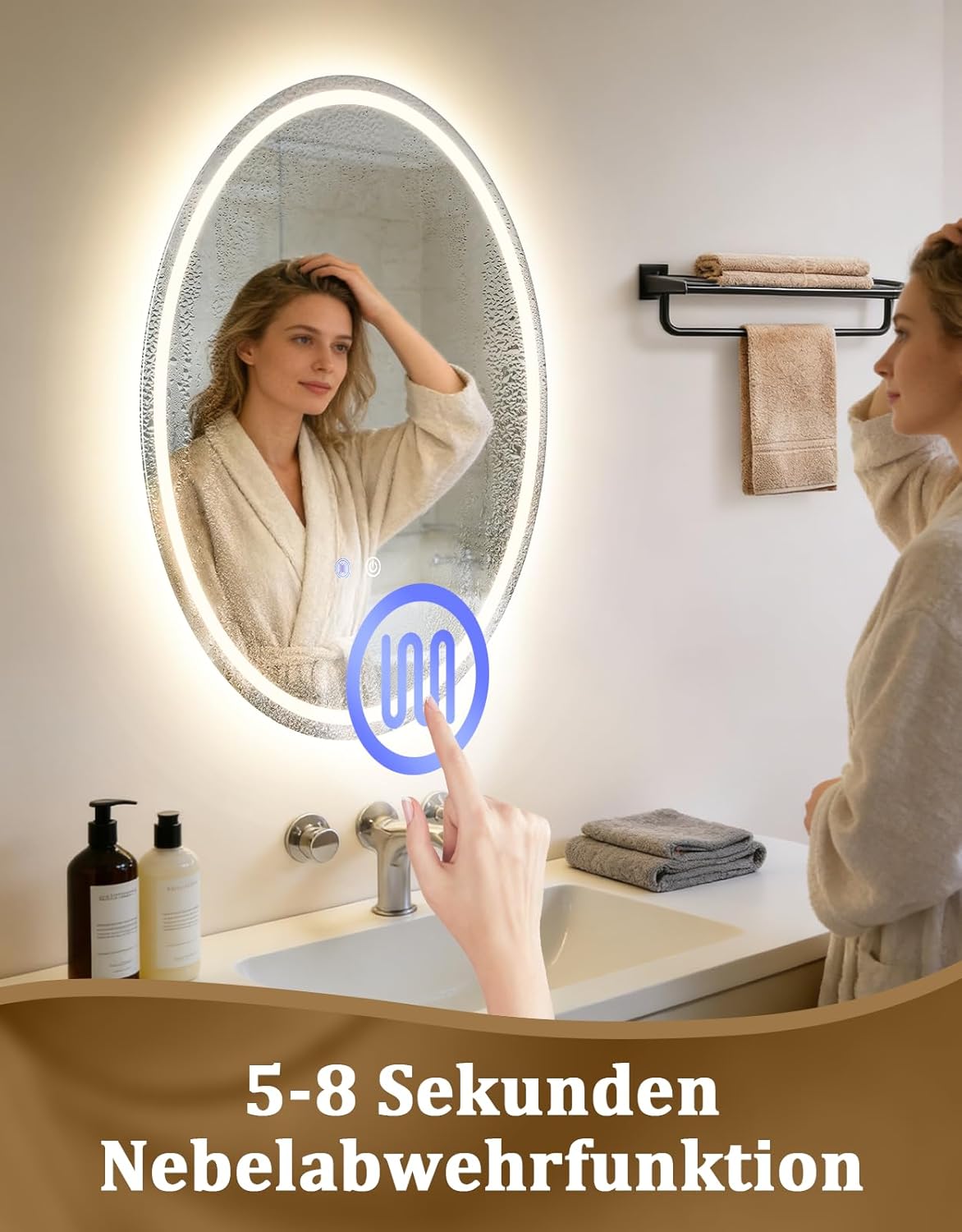 NETTLIFE Soikea LED-kylpyhuoneen peili 50x70cm, Kosketusohjaus, Huurtumaton, Himmennettävä 3000-6500K, IP44 Valaistu peili