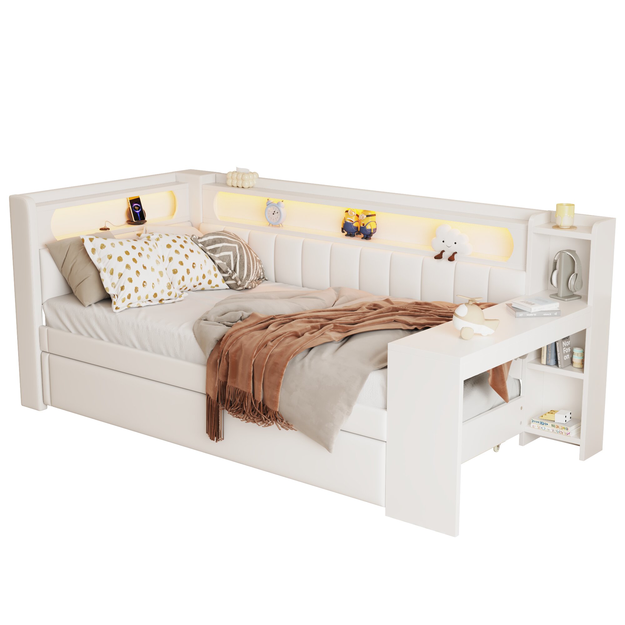 sänky 90x200 cm led-valaistu usb-liitännöillä ja ulosvedettävällä sängyllä valkoinen mdf ja vaneri