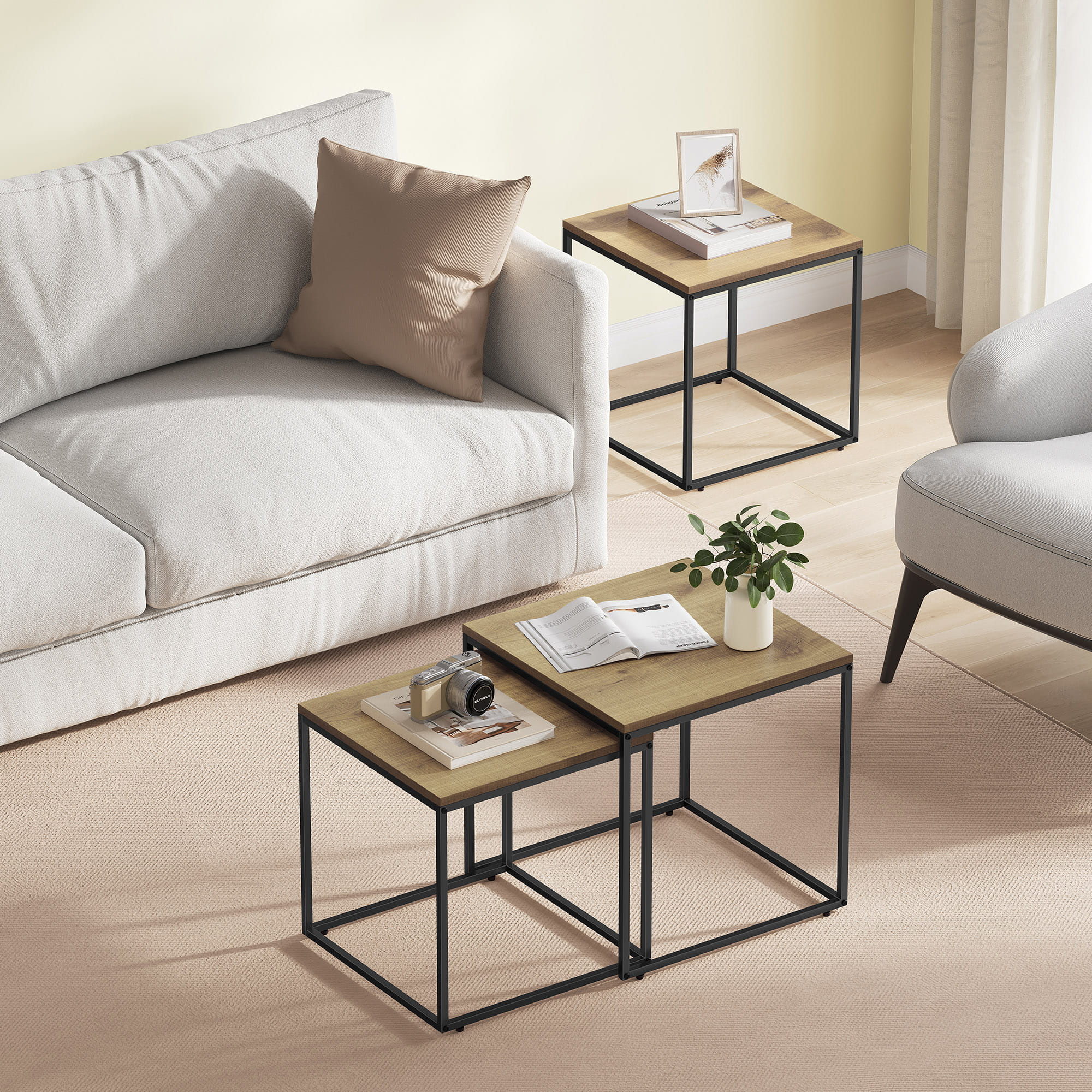 Neliönmuotoinen sohvapöytä, 2 osaa - tammi / mustat jalat