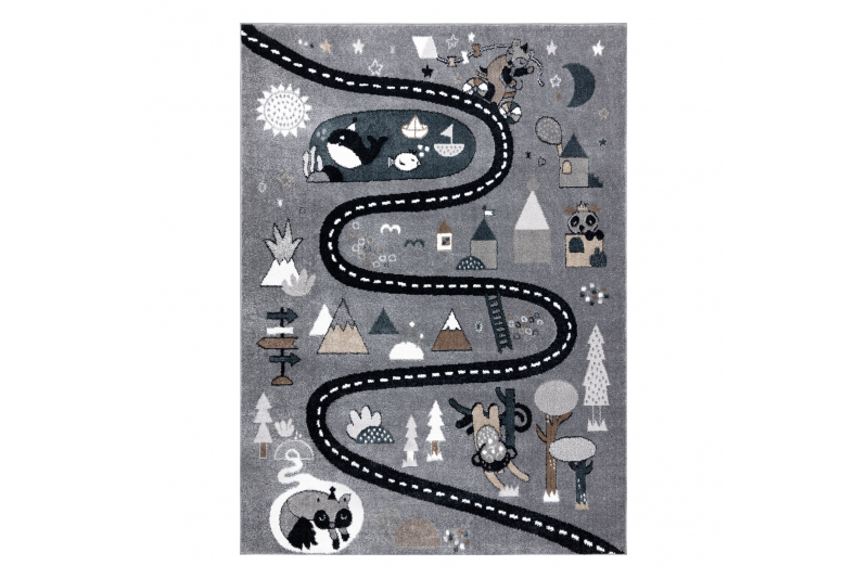 Matto FUN Route lapsille, katu, eläimet harmaa 160x220 cm