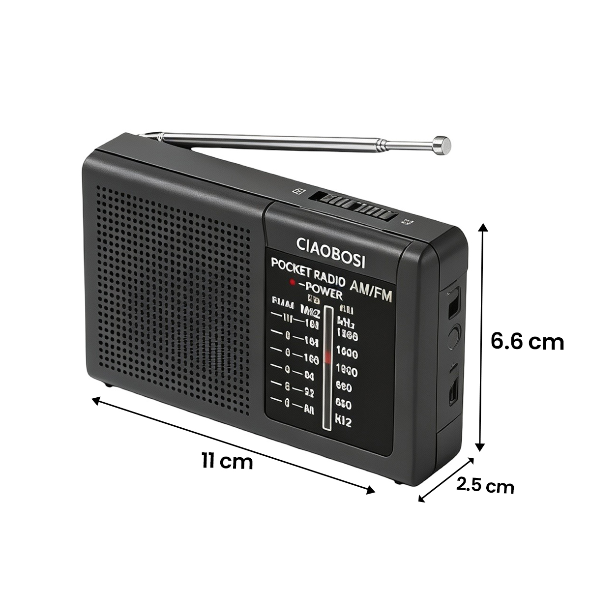 Mini taskuradio FM- ja AM-taajuuksilla, teleskooppiantenni ja kaiutin