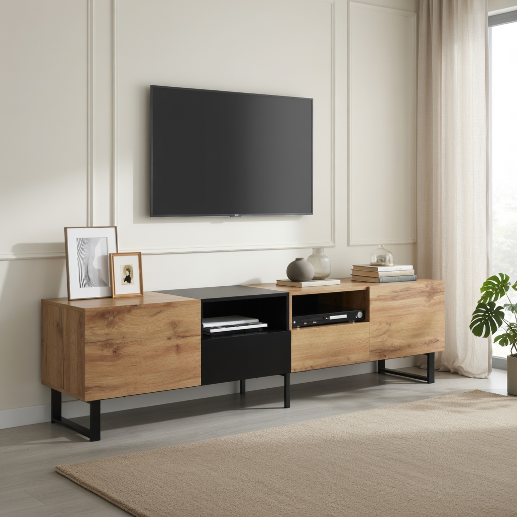 TV-taso 190x38x48 cm puu ja musta MDF säilytyksellä ja laatikoilla
