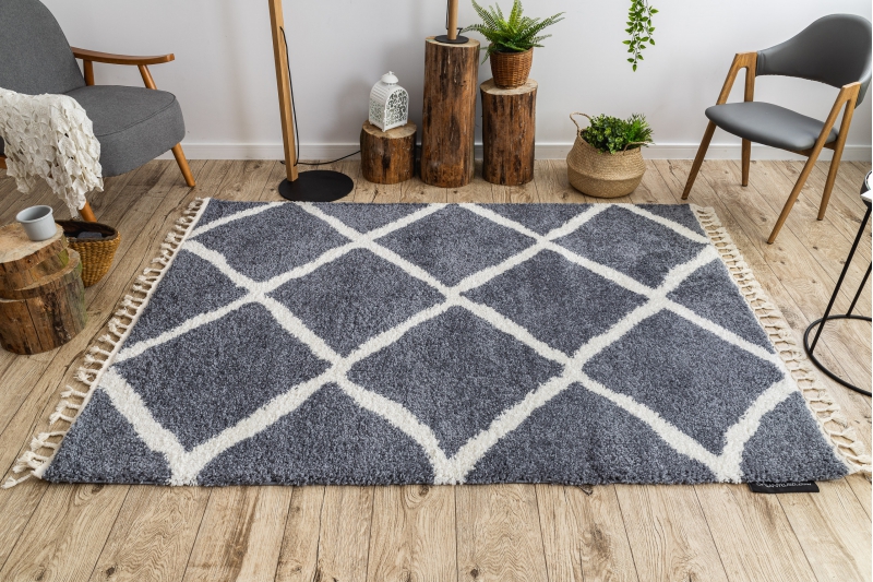 Matto BERBER CROSS B5950 harmaa / valkoinen Tupsut berbery Marokkolainen shaggy 160x220 cm