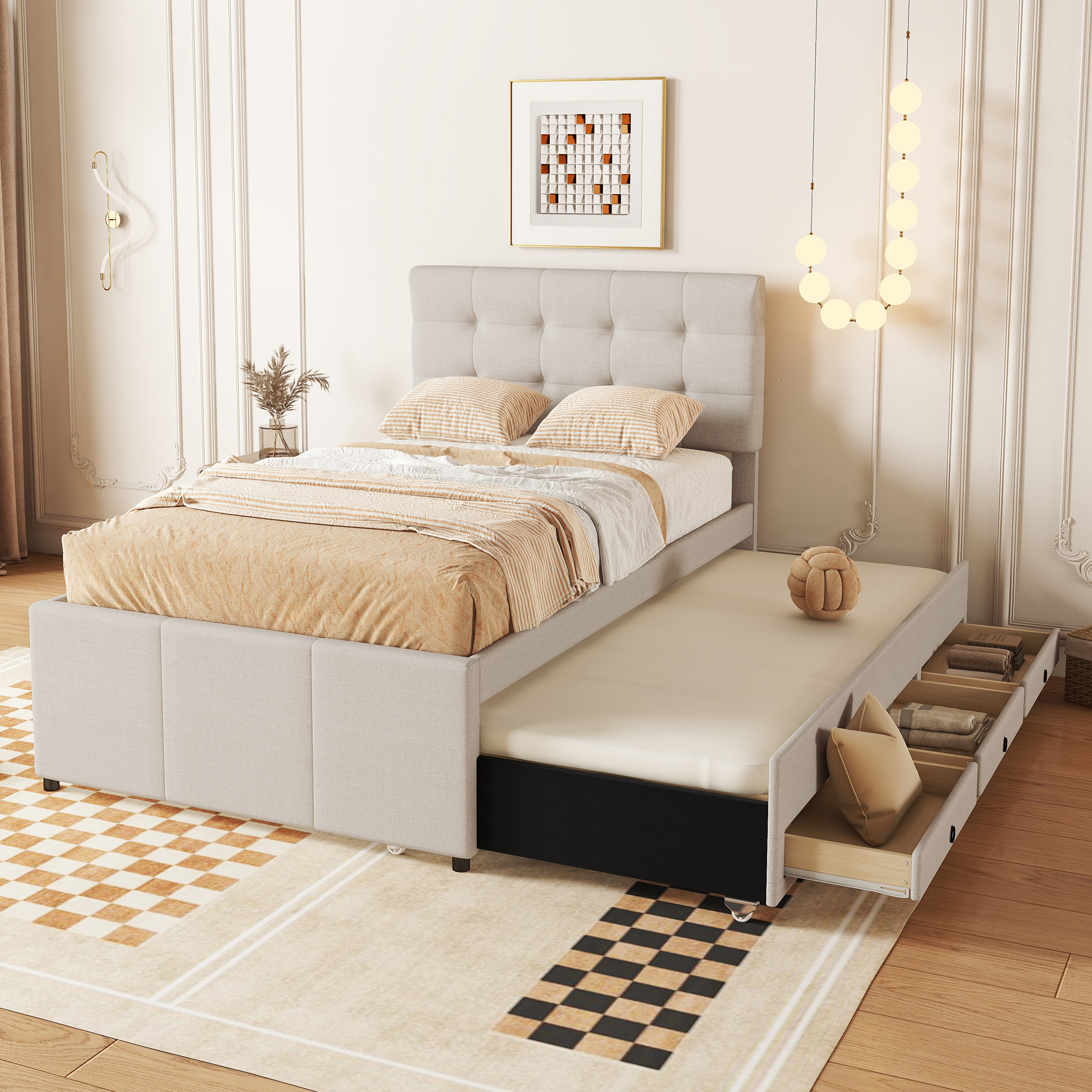 Verhoiltu sänky 90x200cm, Levitettävä lisäsänky 90x190cm, 3 laatikkoa, Beige