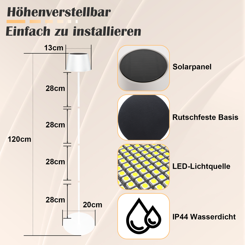 NETTLIFE 120 cm ulkokäyttöön tarkoitettu aurinkokennolattiavalaisin: Himmennettävä LED-lattiavalaisin USB-C-ladattavalla akulla, valkoinen, säädettävä korkeus