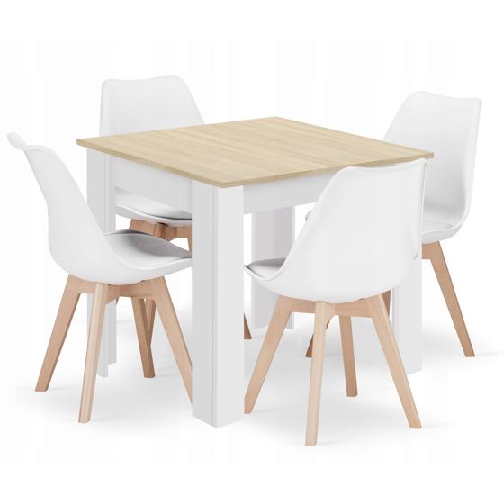 Neliöpöytä 80x80 sonoma-tammi-tammi, 4 MARK-tuolia, valkoinen