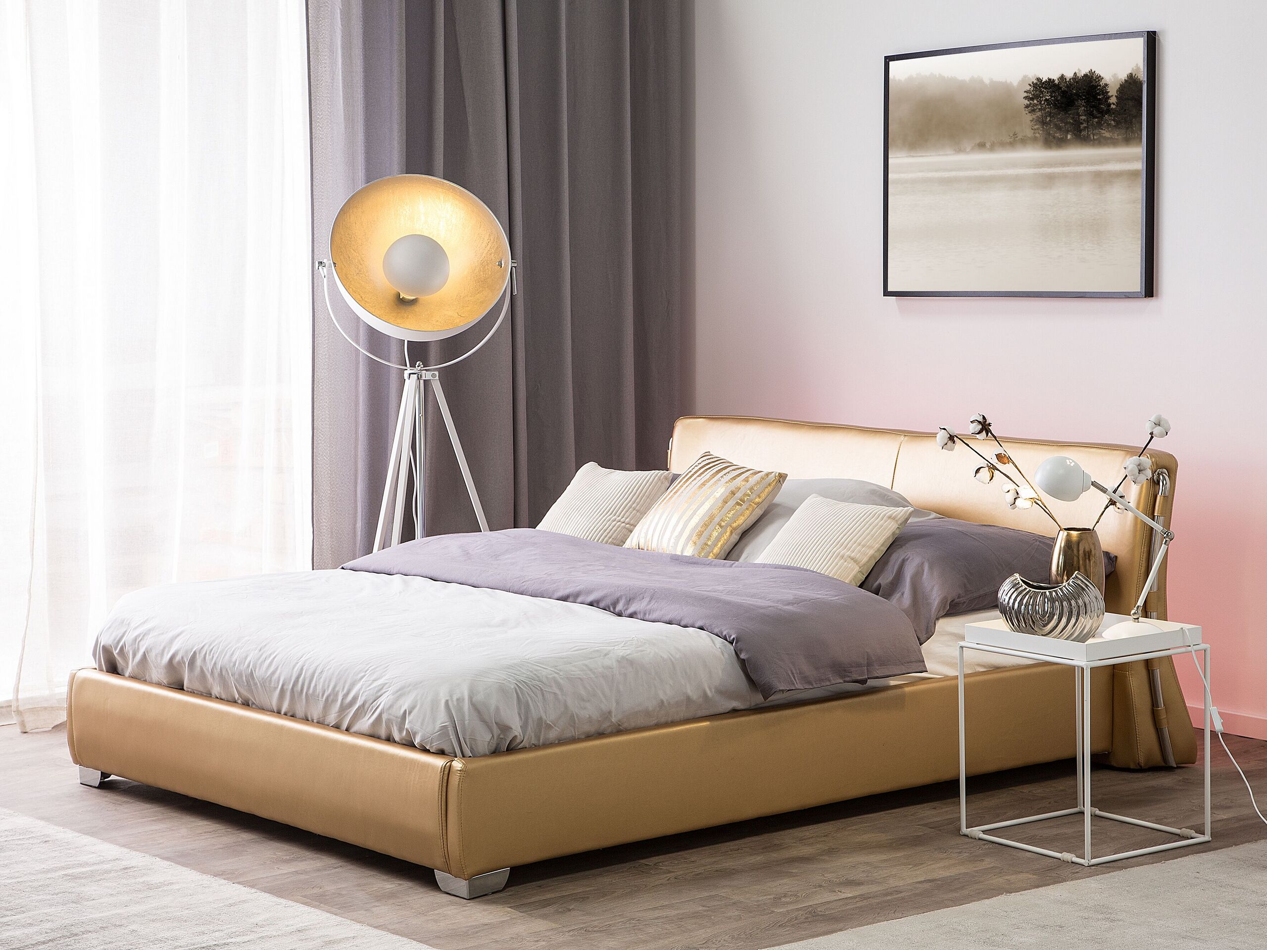 Sänky LED-valoilla nahka PARIS 140 x 200 cm LED-valo Kulta