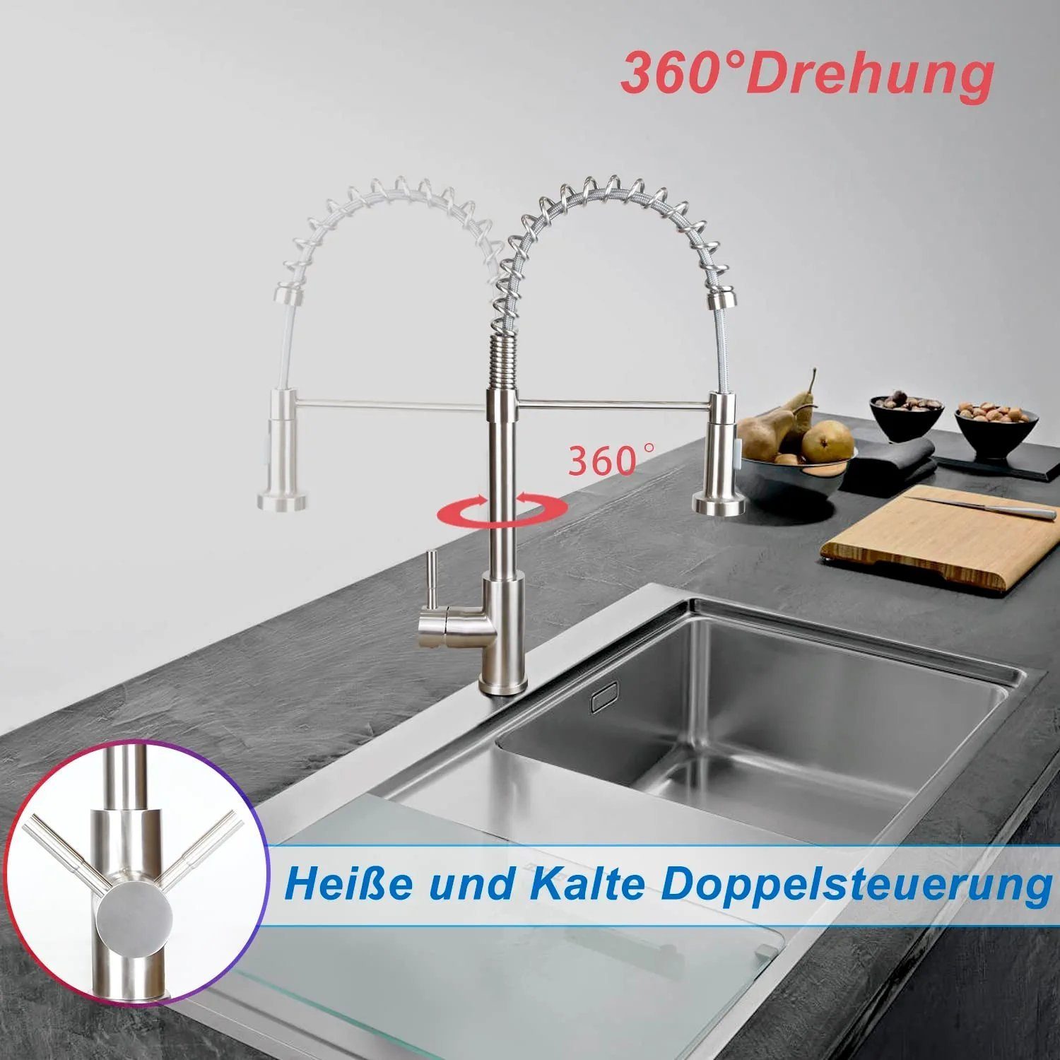 NETTLIFE Keittiön teleskooppihana ruiskulla – Kaksi eri suutinta ja korkeapainetoiminto, kromattu