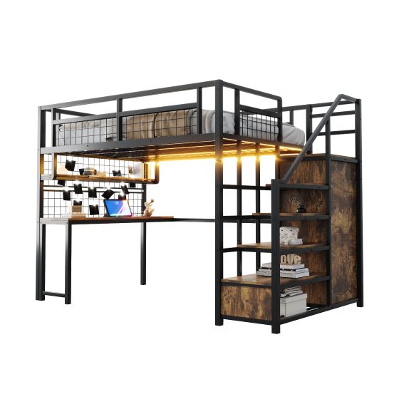 Metallinen kerrossänky 140x200, tikkailla säilytystilaa ja yksinkertaisella vaatekaapilla, hylly, pöytä, verkkohylly, LED-nauha, pistorasia, musta