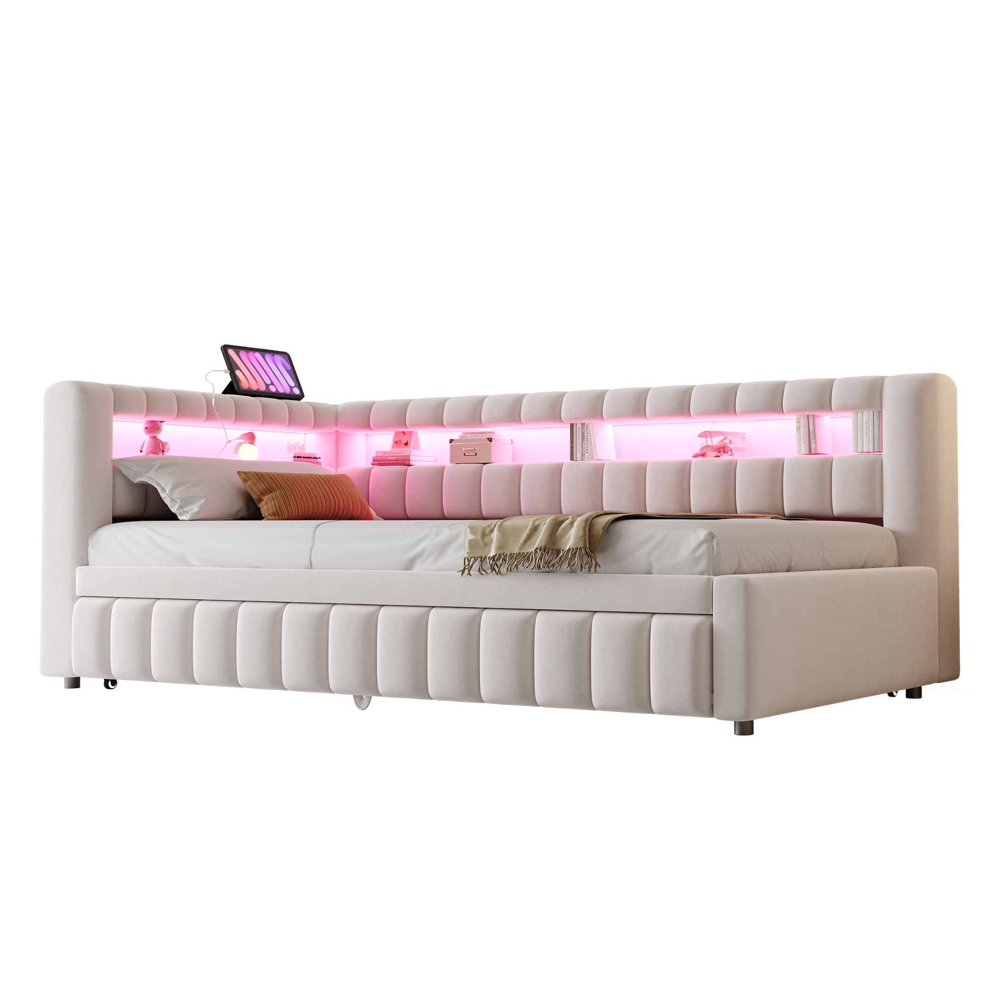 sänky 90x200 cm LED-valaistus säilytystila laatikot sametti kermanvärinen