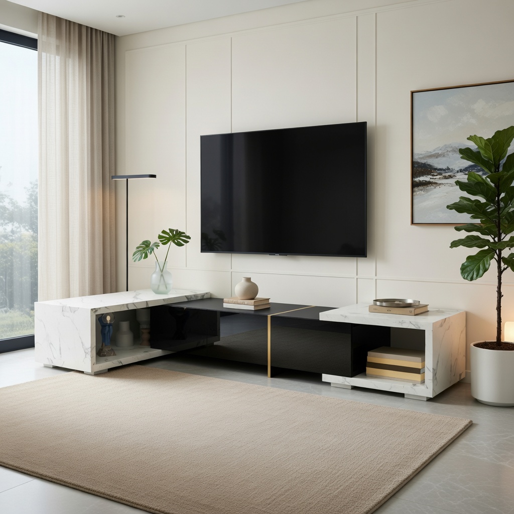 TV-taso 140x40x50 cm valkoisella marmoritekstuurilla mustalla korkean kiiltoisuuden ja mattapinnan yhdistelmällä ja kultaisilla koristeilla