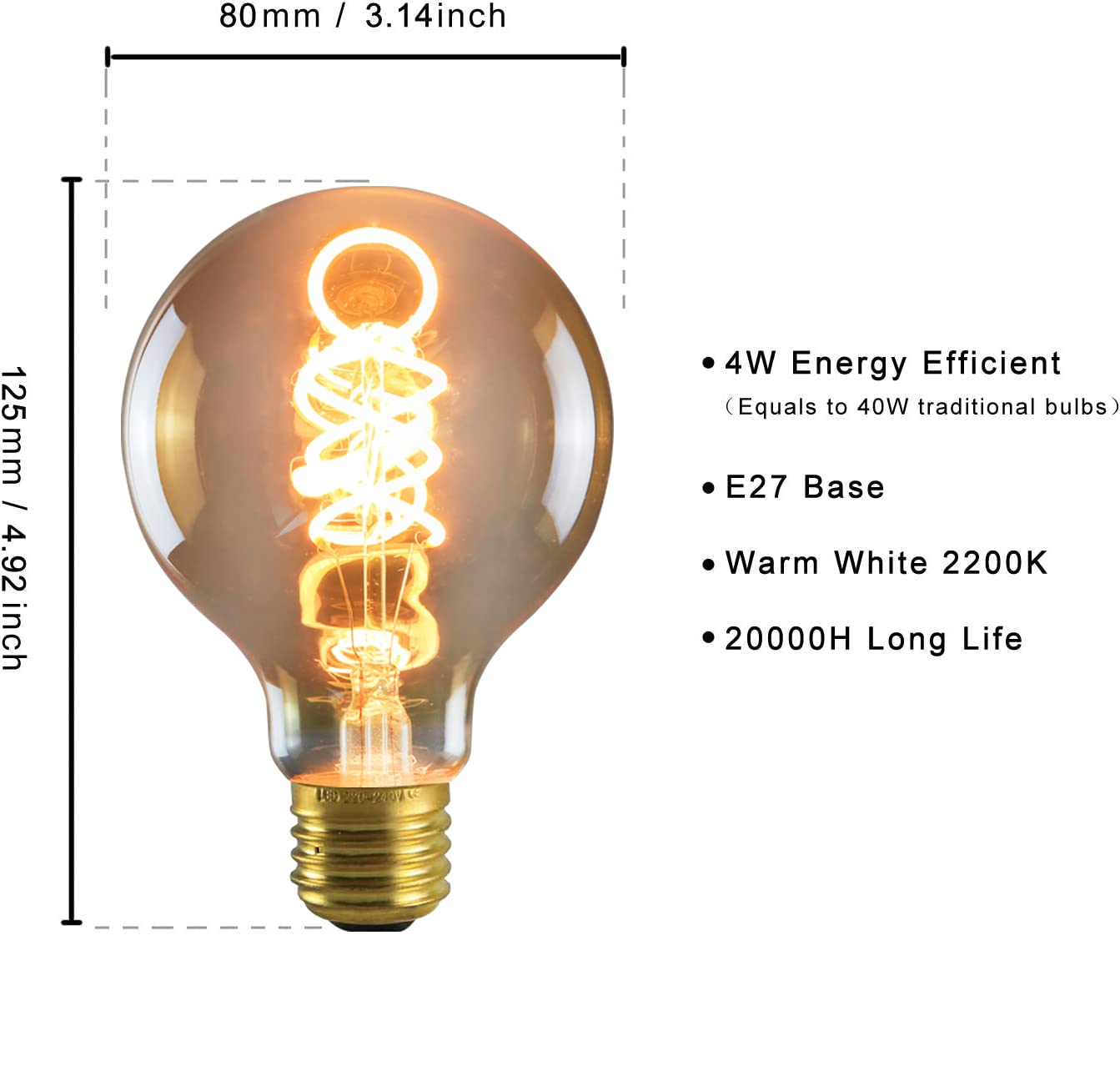 ZMH LED-lamppu Edison-lamppu 4W, G80 Vintage Bullet -lamppu