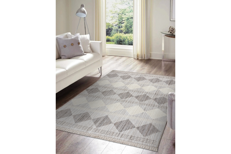 Matto NANO EO61A Timantit, silmukka, litteä kudottu harmaa / valkoinen 120x170 cm