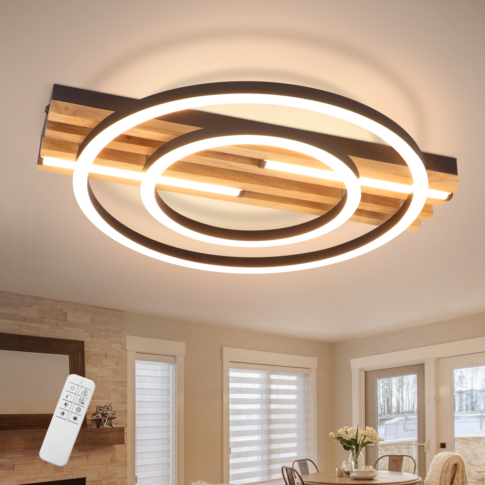 NETTLIFE himmennettävä LED-kattovalaisin puinen, 34 W, 38 cm, geometrinen neliönmuotoinen muotoilu, metallinen kaukosäädin ja muistitoiminto
