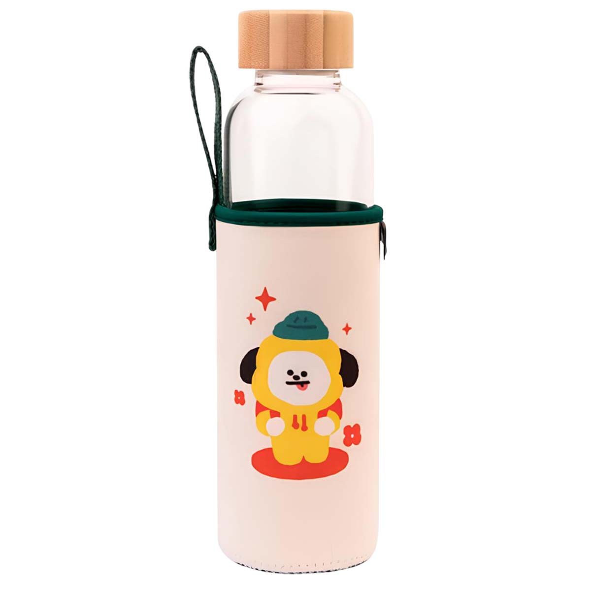 Lasinen juomapullo 500ml, uudelleenkäytettävä, CHIMMY-kuvio, kotelolla