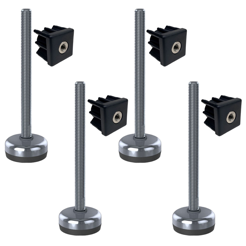 Ruostumaton jalka 12x150x50mm, jalustassa kumityyny + insertit 40x40x1.2mm - 4 kpl:n sarja.