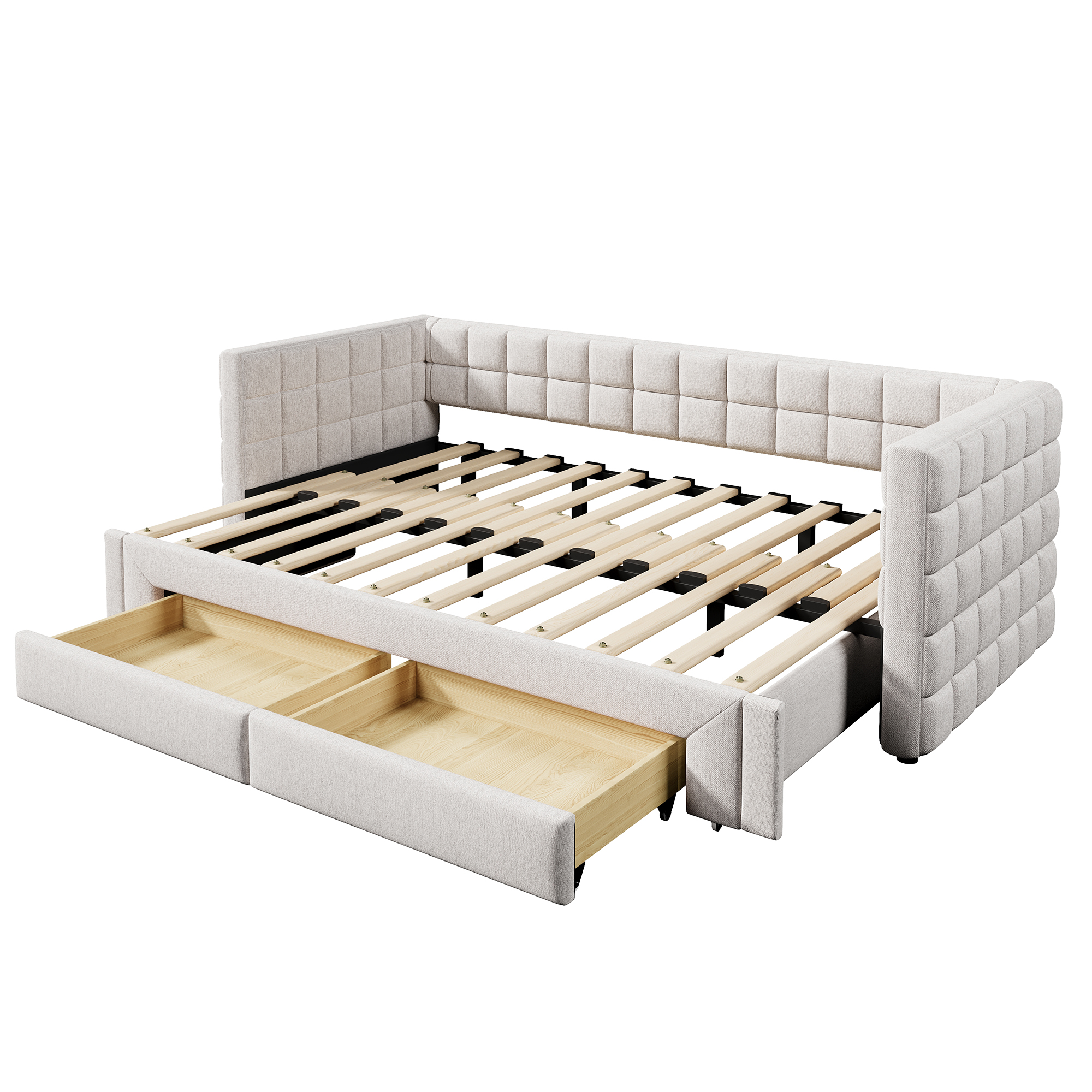 Vuodesohva 90 x 200 cm, Beige, Neliöselkänoja + 2 Laatikkoa