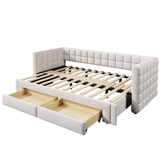 Vuodesohva 90 x 200 cm, Beige, Neliöselkänoja + 2 Laatikkoa