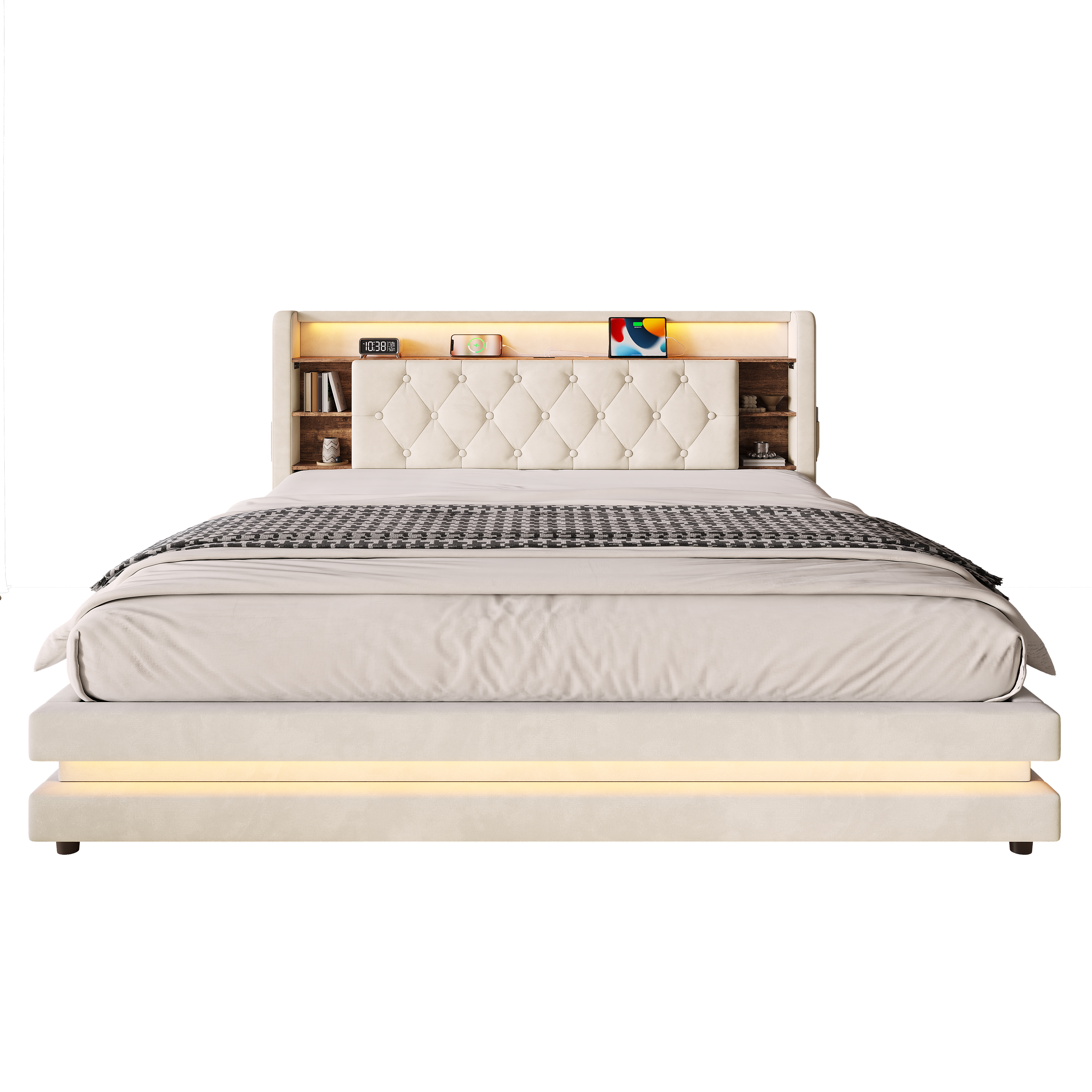 sänky 180x200 cm säilytystila LED-valaistus USB-liitännät hydraulinen bettkasten beige sametti