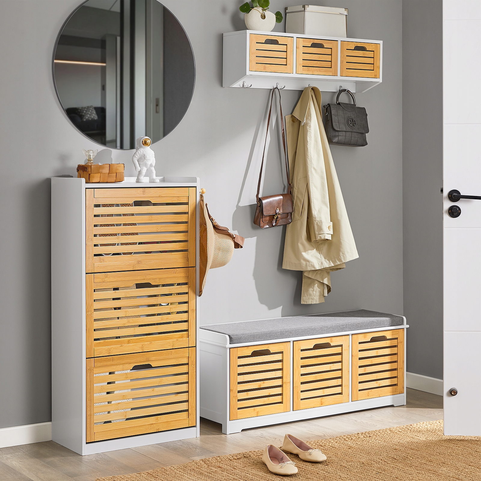 SoBuy 3-ovinen puukuituporttisäilytin FSR108-WN ekologinen