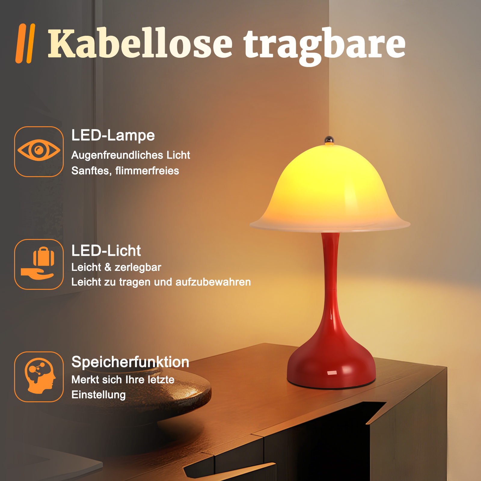 NETTLIFE ladattava LED-työpöytävalo - Kosketusohjattu sängynpäävalo, punainen lippu