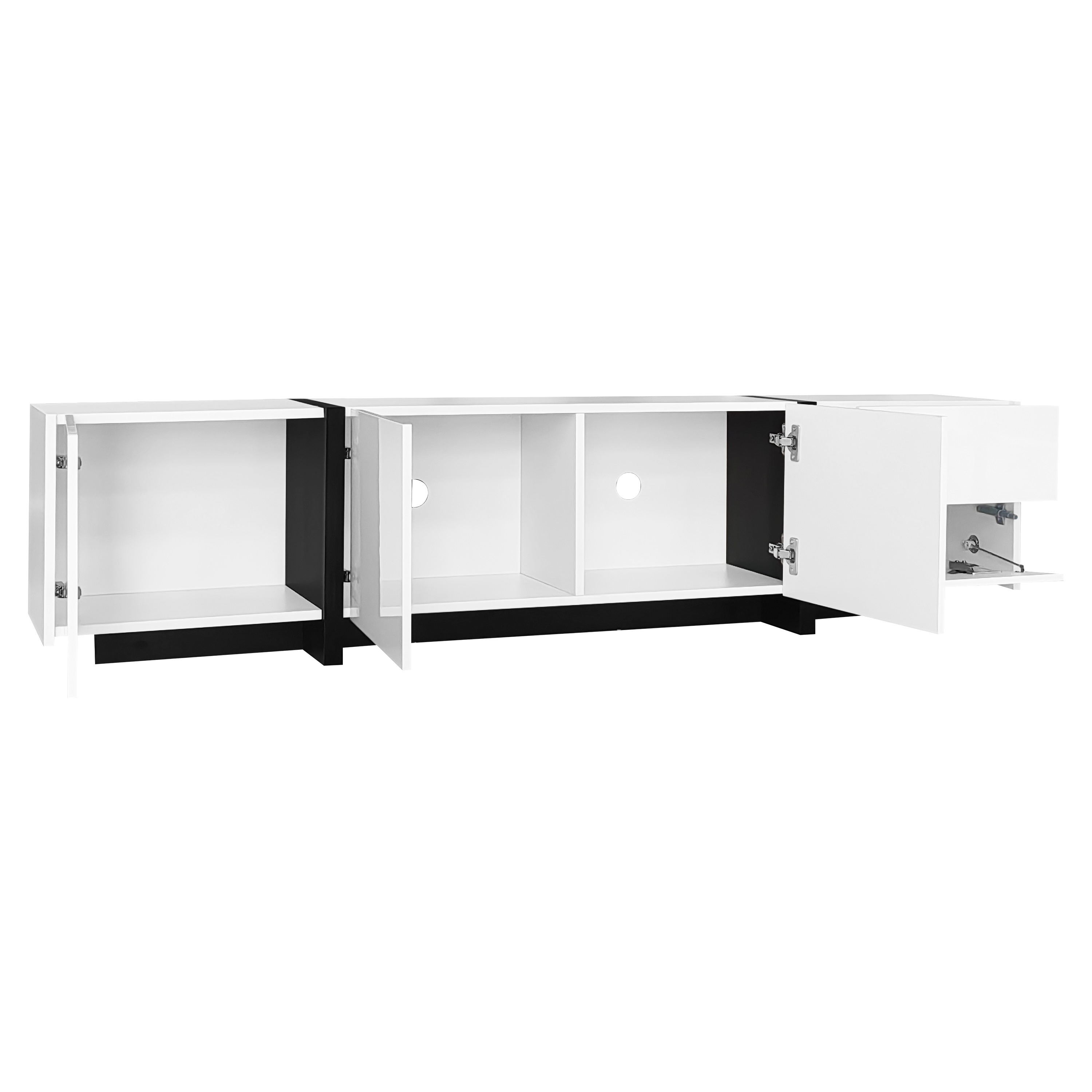 TV-taso 170x30x39 cm valkoinen korkean kiiltoisen pinnan kanssa puinen lastulevy, mustat jalat, säilytys, liukuovet ja laatikko