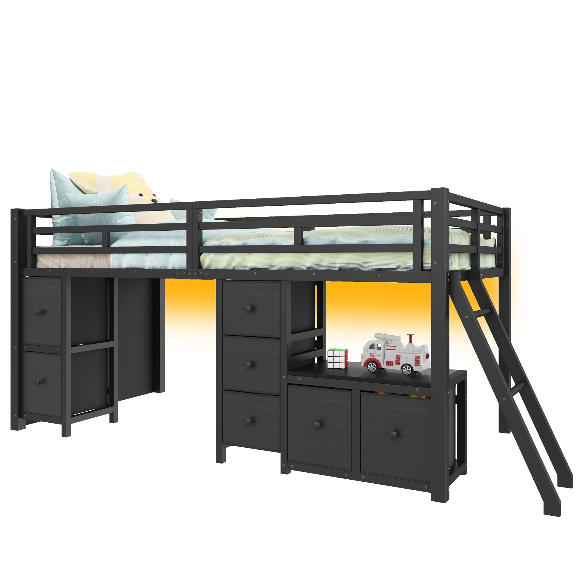 Sänky 90x200 cm turva-aidat säilytystila LED-valaistus musta MDF ja metalli