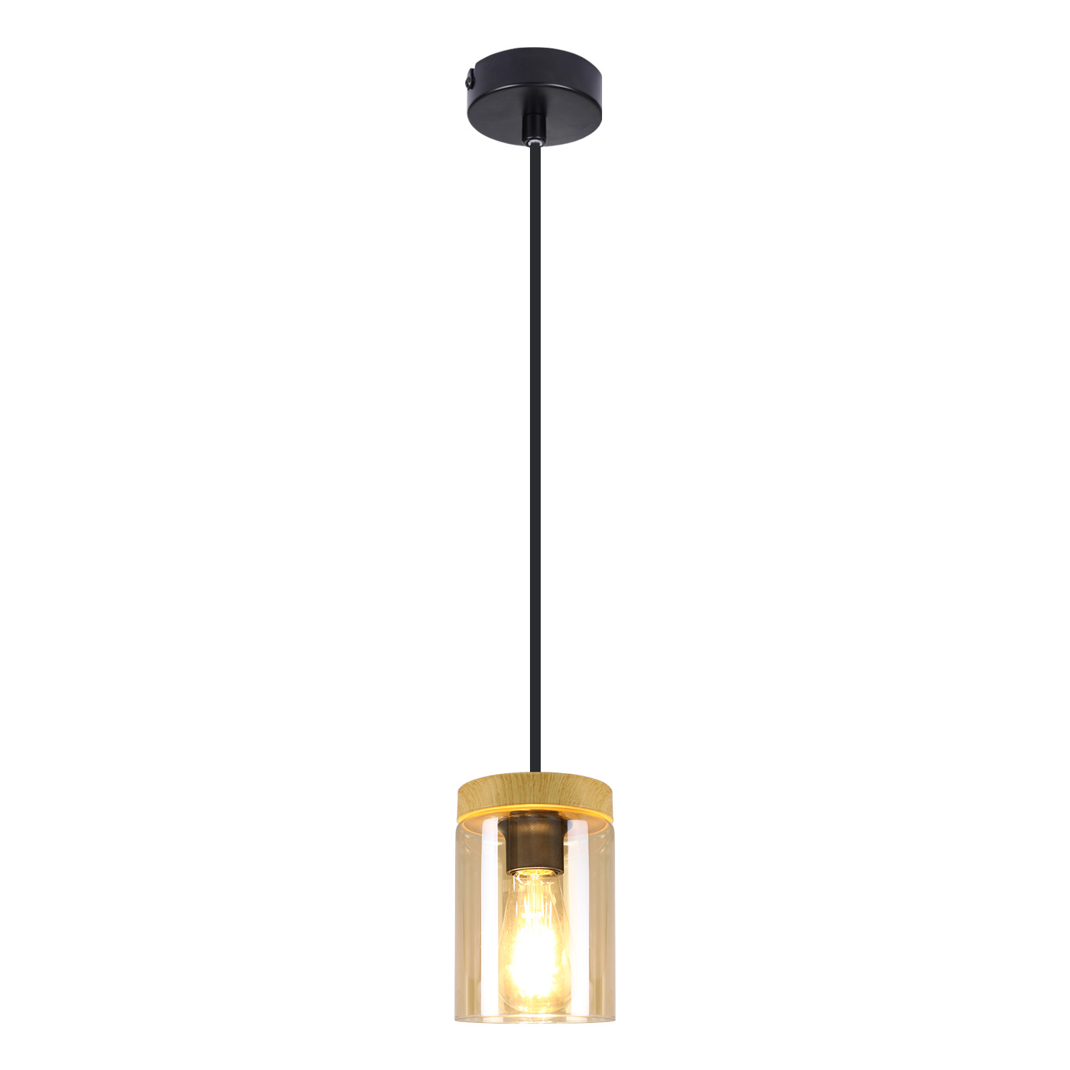 NETTLIFE riippuvalaisin E27Vintage musta, halkaisija 12 cm puu, metalli lasivarjostimella, ruokailuhuoneeseenKeittiöön