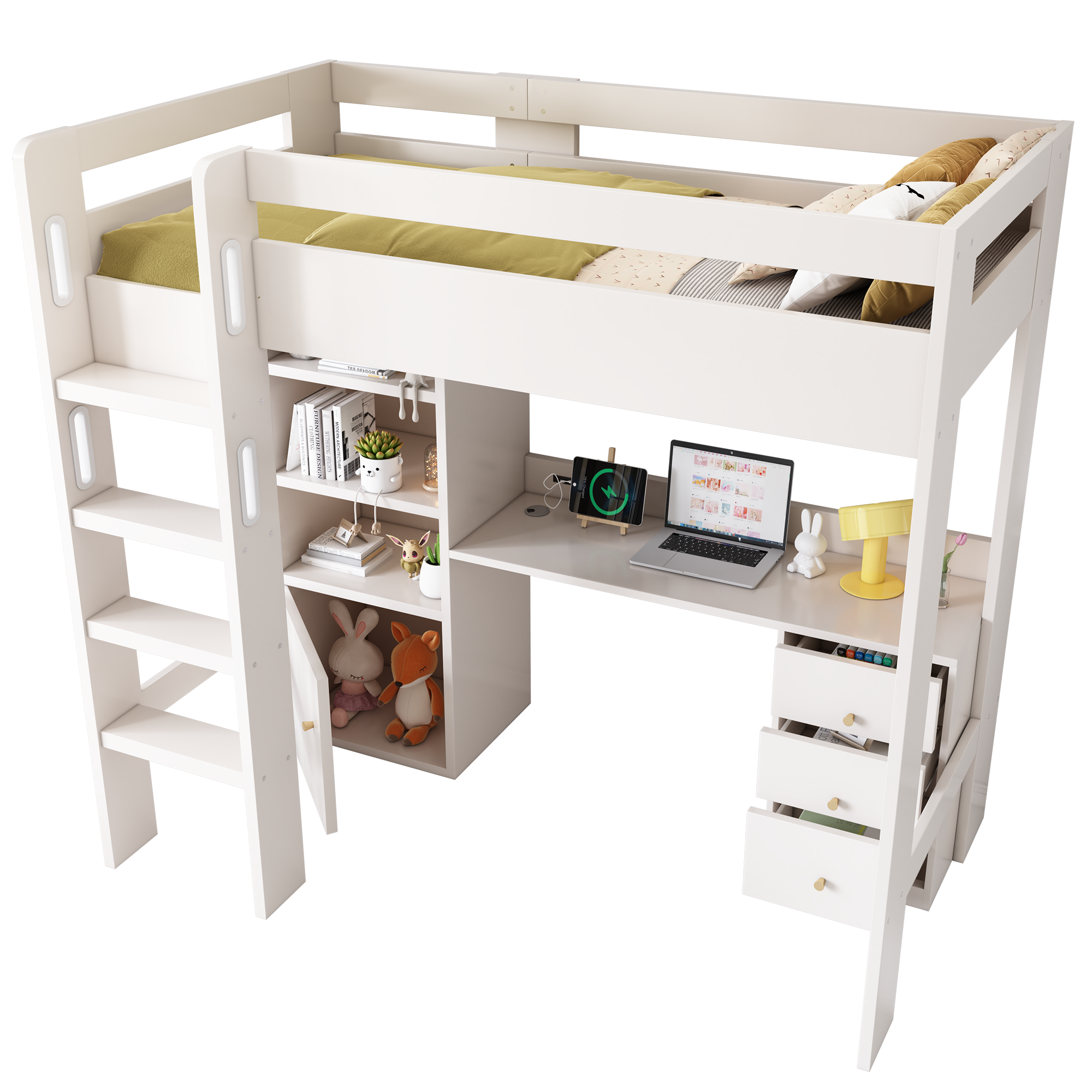 Lasten parvisänky, 90x200cm, USB C -pöytä, vaatekaappi ja säilytystila, ei patjaa