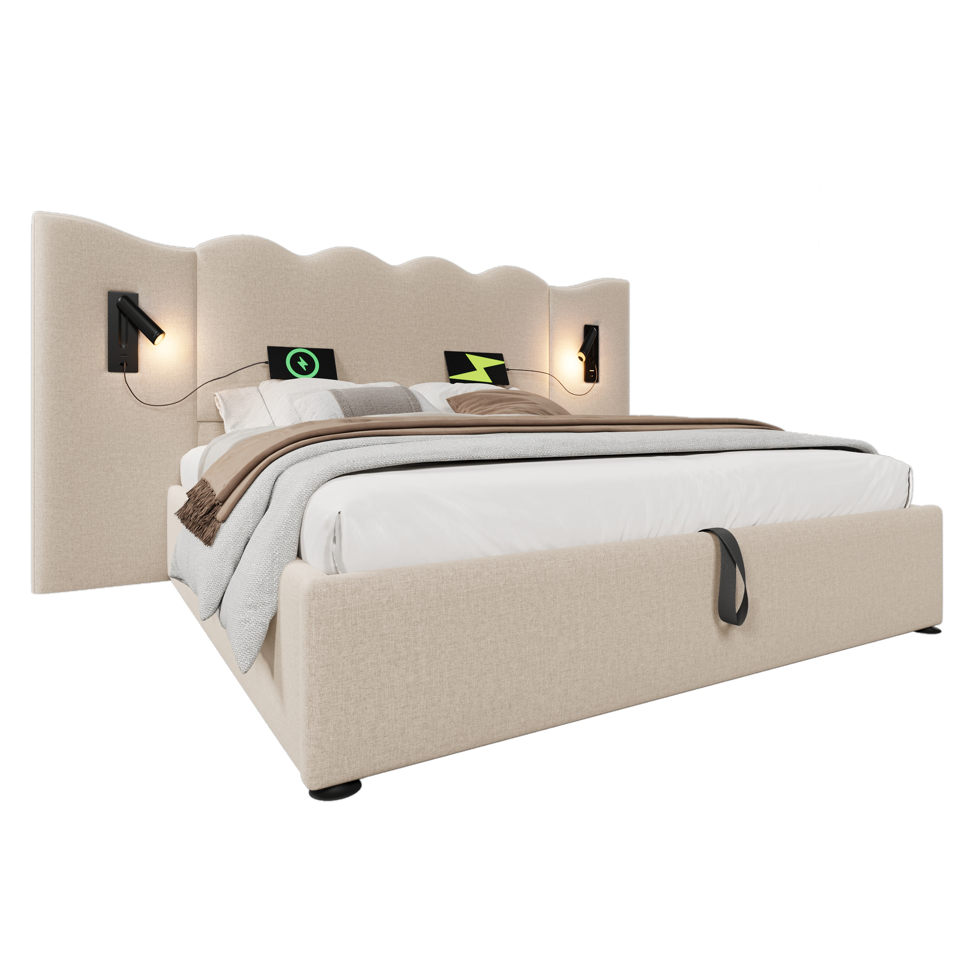 sänky 160x200 cm LED-valaistus ja USB-typen C lataustoiminto beige kangas
