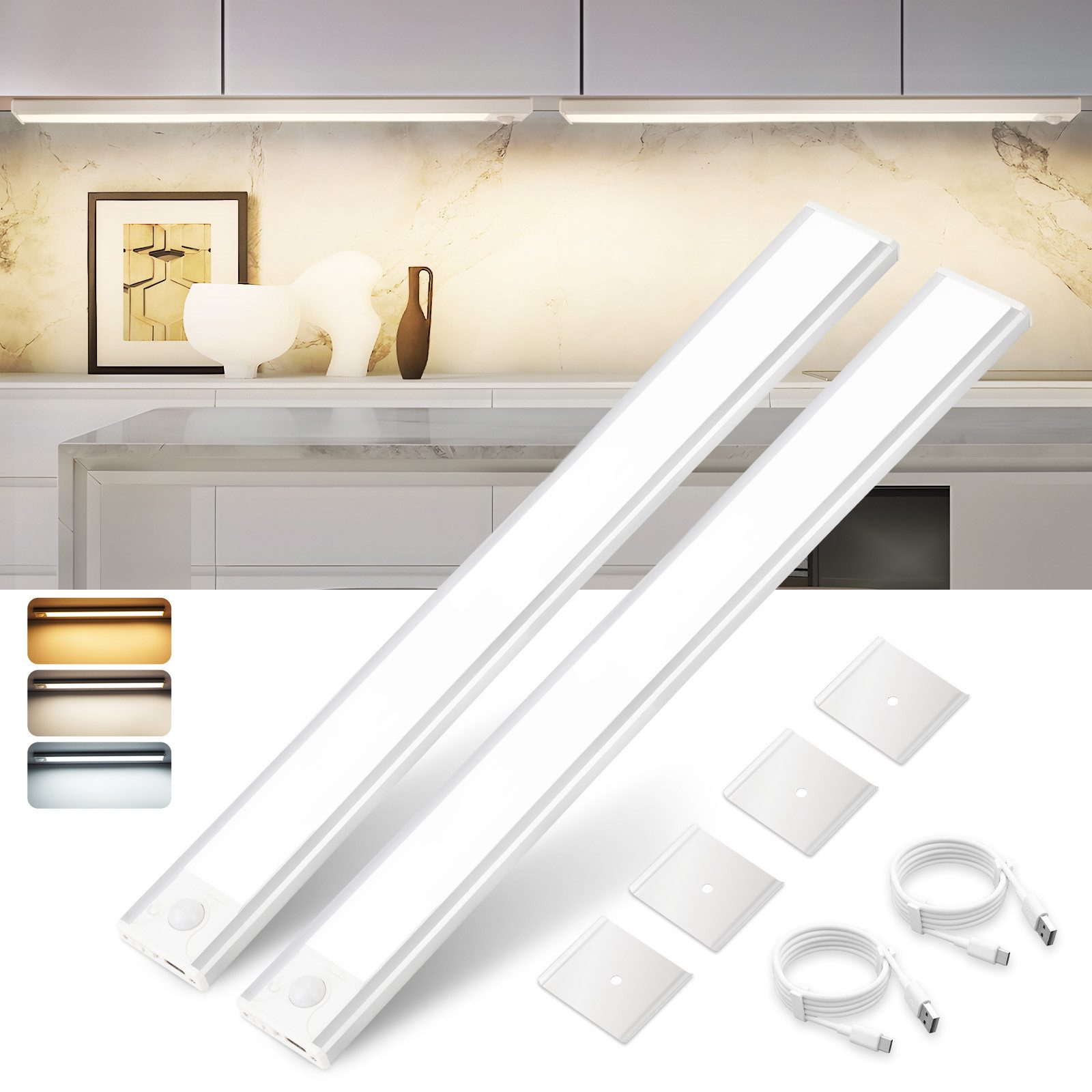 NETTLIFE 2 x LED-kaapinalusvalaisin liiketunnistimella, USB-ladattava, 1500 mAh, ihanteellinen vaatekaappiin, eteiseen tai komeroon