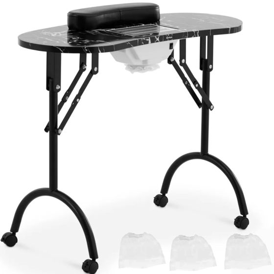 Manikyyripöytä pölynkerääjällä, kokoontaitettava, pyörillä, 90 x 43 x 73 cm, musta