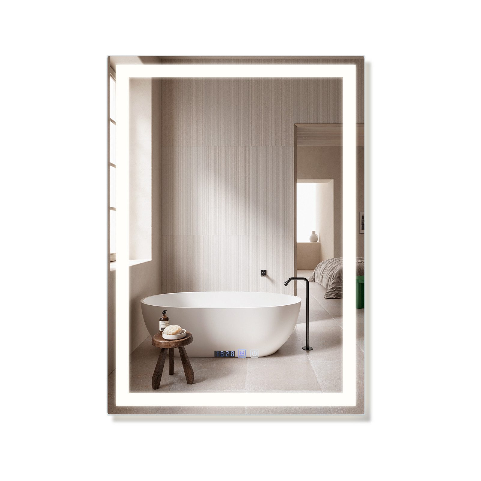 NETTLIFE valaistuKylpyhuoneen, peili- 60x80cm, LED seinäkiinnitys, IP44KosketuskytkinKello, säädettävä