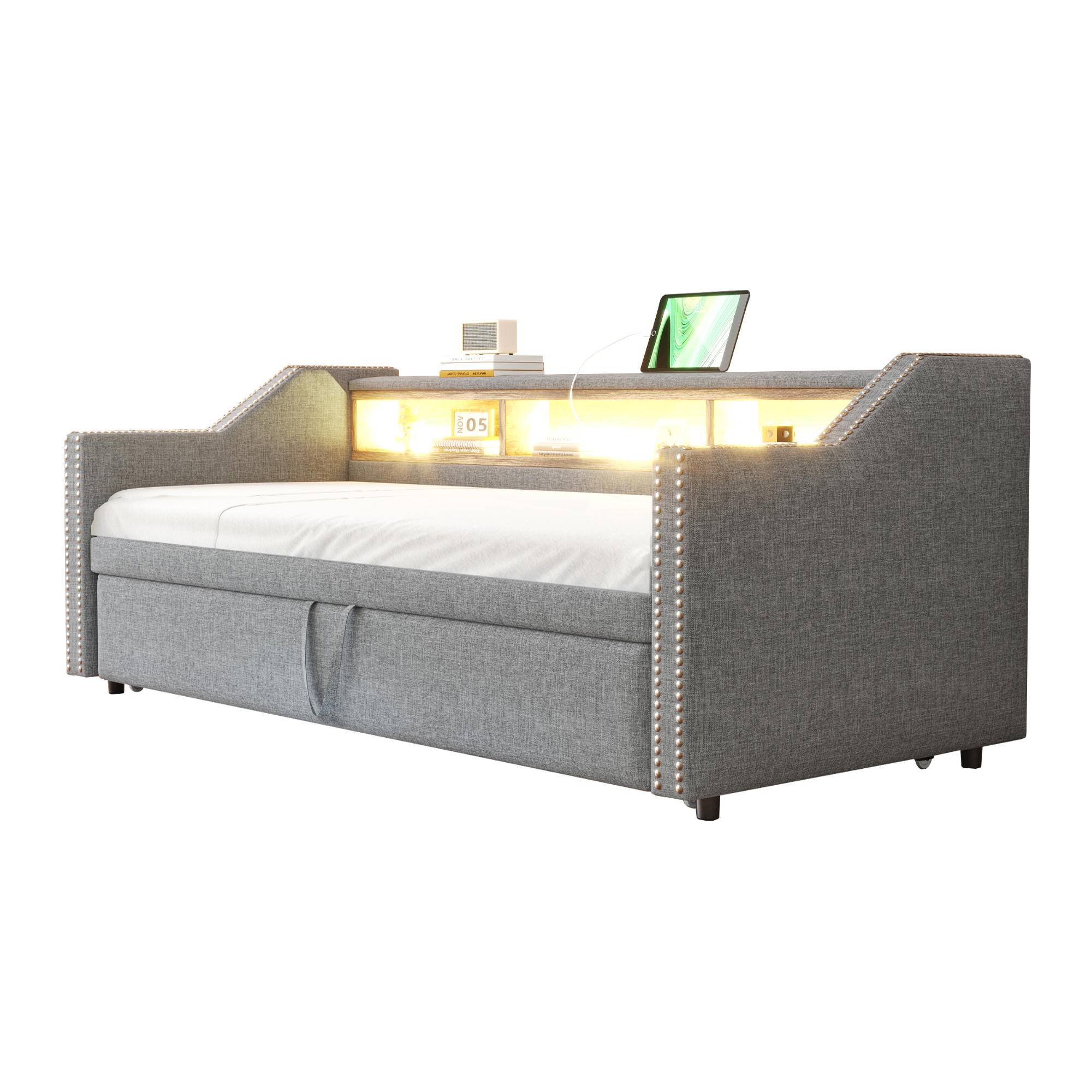 sänky 90x190 cm laajennettava säilytystila LED-valaistus ja USB-liitäntä hellgraa, kangas